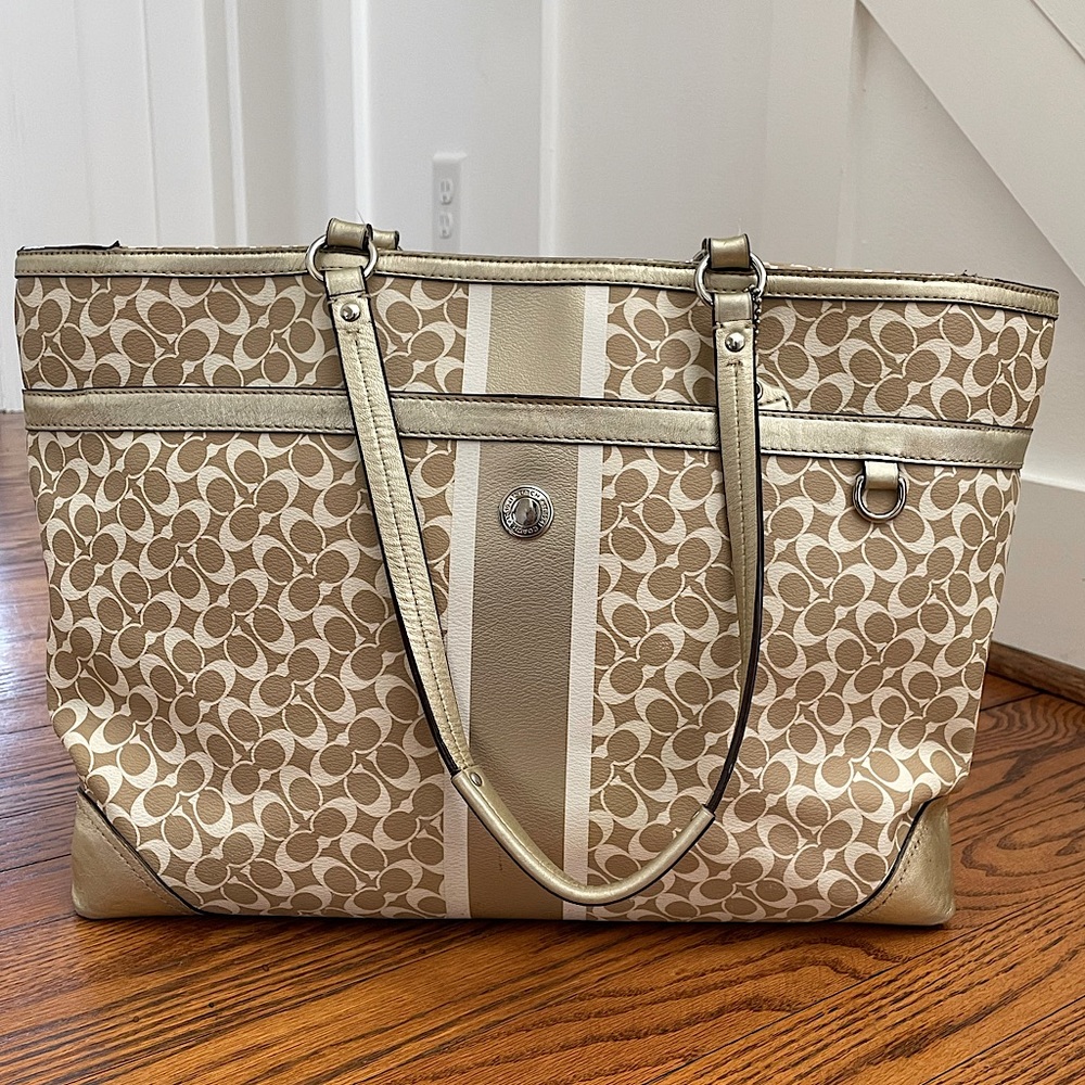 Coach Tan & Cream Signature Stripe Tote